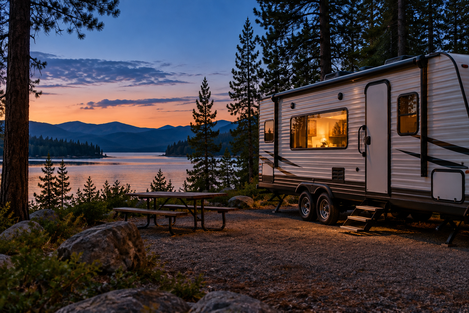 Quiet lakeside RV campsite at dusk with a warmly lit camper window; no battery or power equipment pictured.