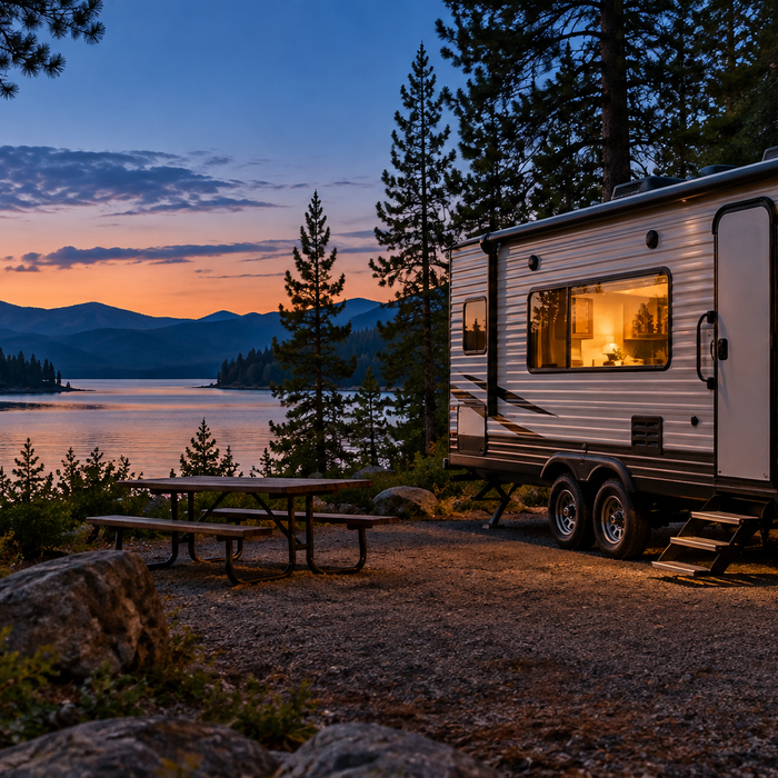 Quiet lakeside RV campsite at dusk with a warmly lit camper window; no battery or power equipment pictured.