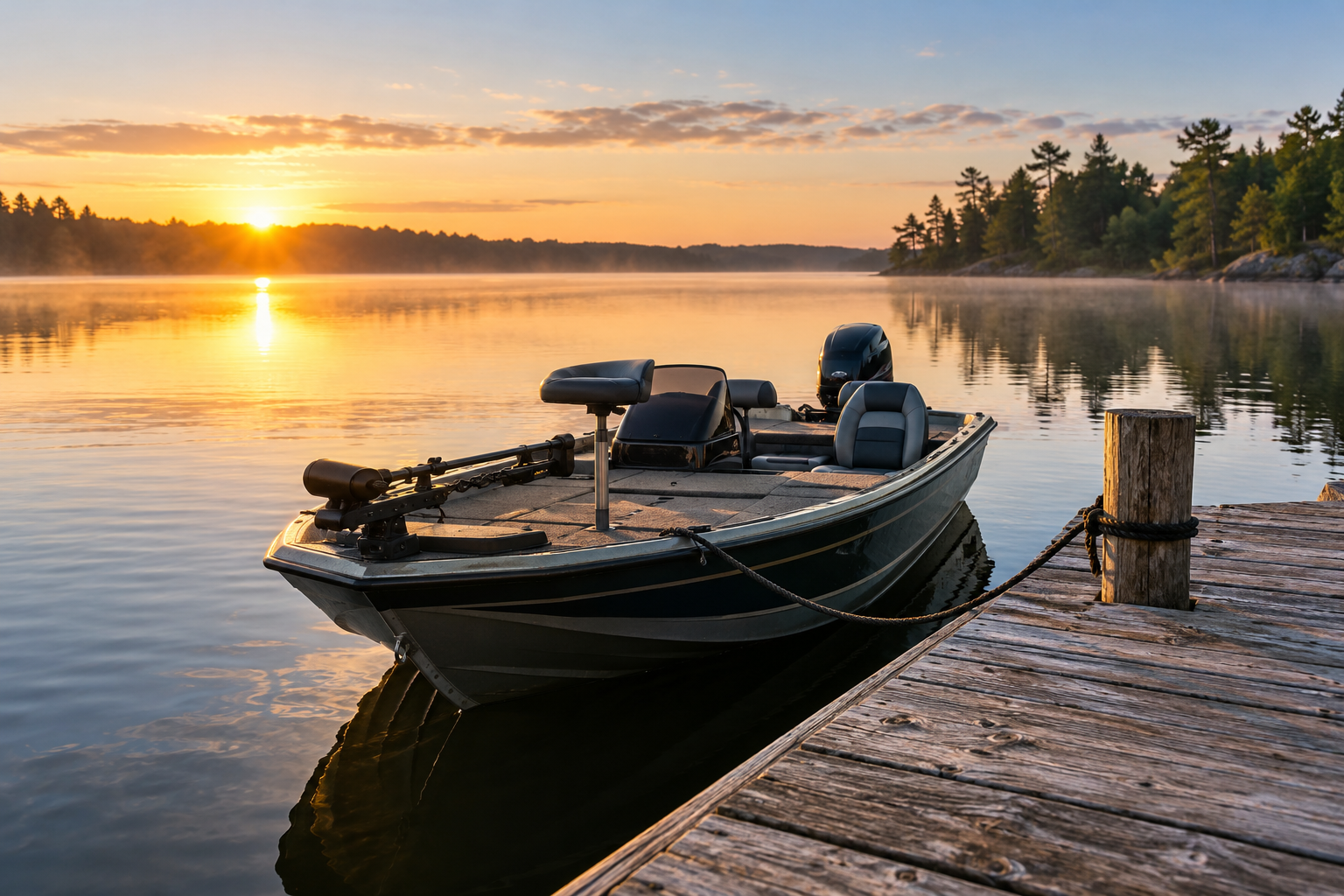 A fishing boat moored beside a quiet dock, illustrating planning between trips without depicting a battery charger.