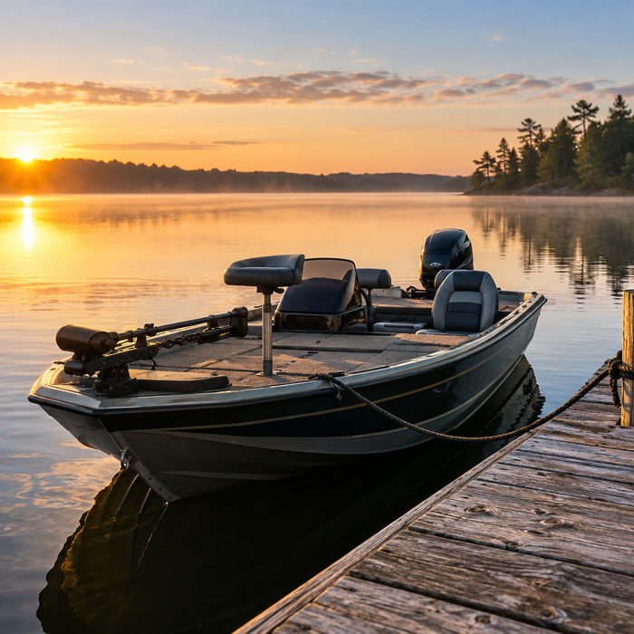 A fishing boat moored beside a quiet dock, illustrating planning between trips without depicting a battery charger.