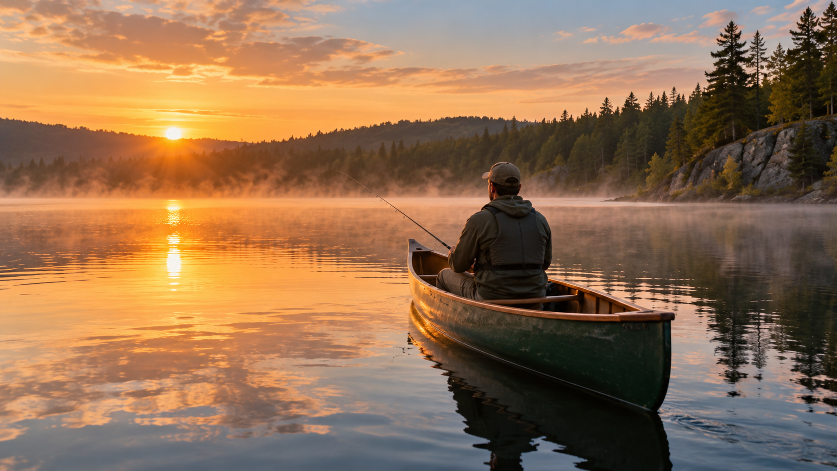 Angler in a canoe on a calm lake at sunrise