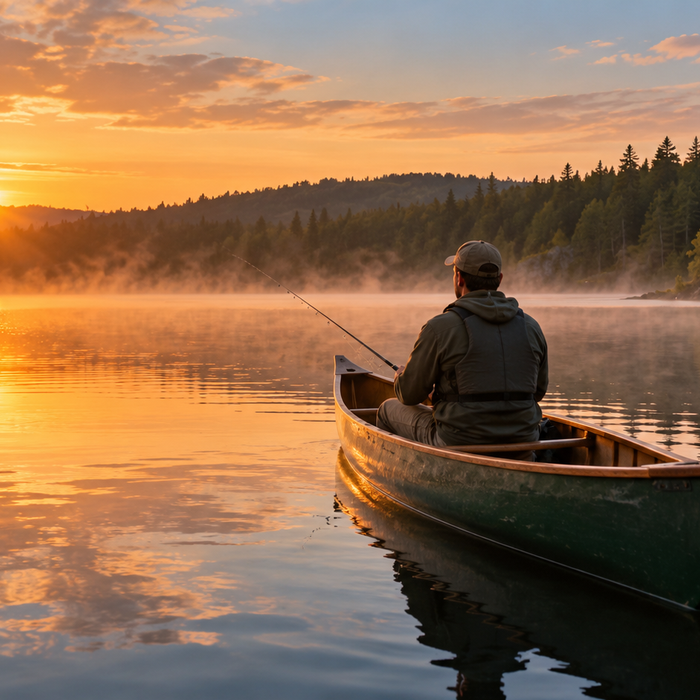 Angler in a canoe on a calm lake at sunrise