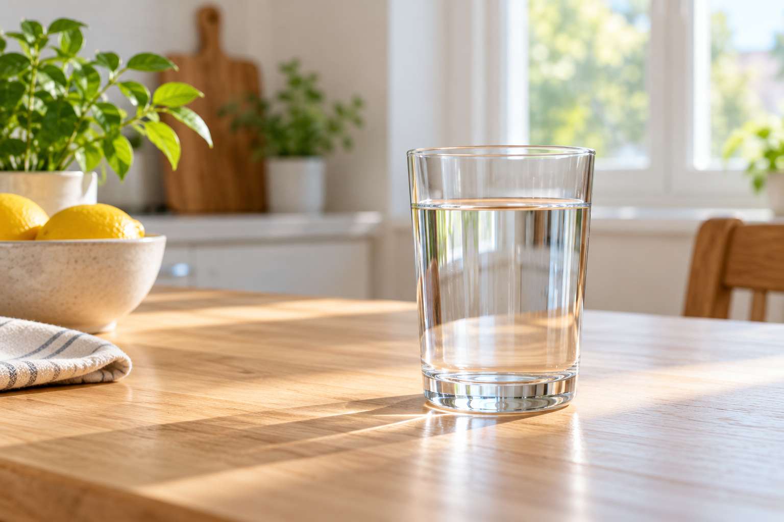 Clear glass of water on a light wooden kitchen table in natural daylight.