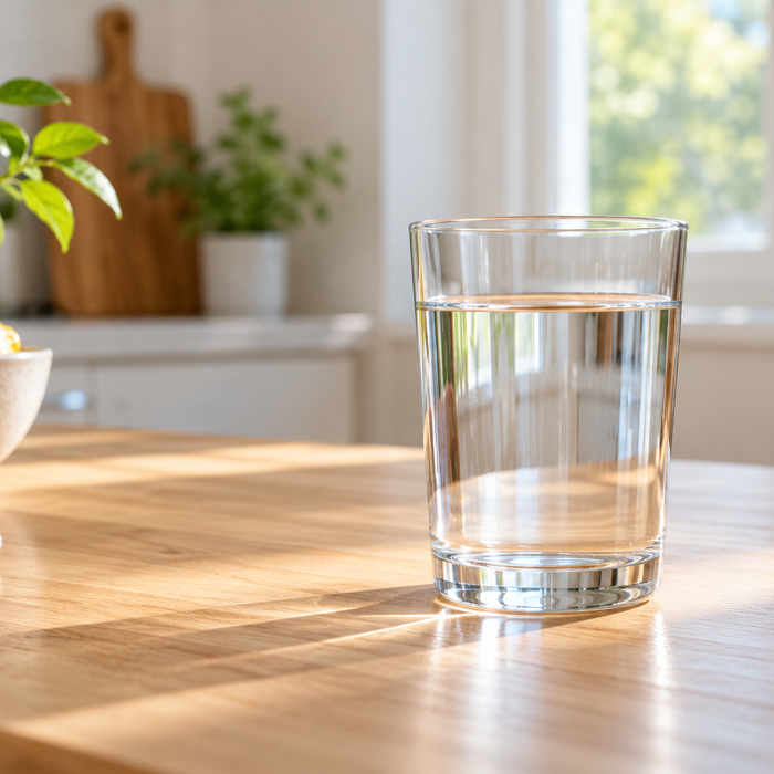 Clear glass of water on a light wooden kitchen table in natural daylight.