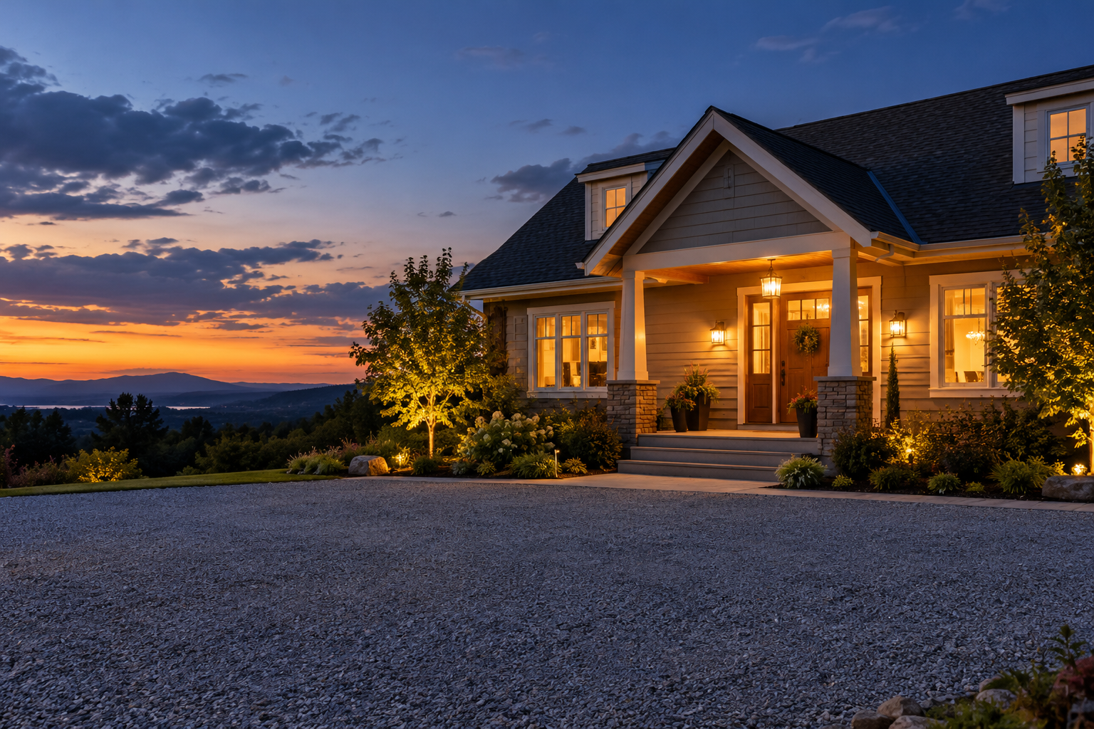 Home at dusk beside an open gravel area; no generator or fuel equipment shown.
