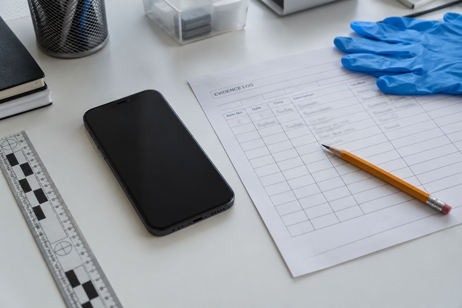 Smartphone beside an evidence log, ruler, pencil, and gloves on a laboratory desk