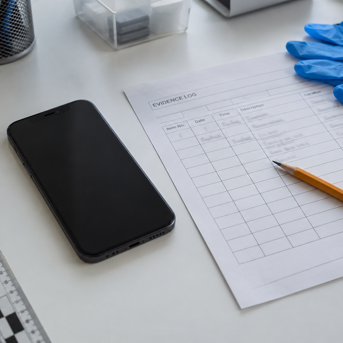 Smartphone beside an evidence log, ruler, pencil, and gloves on a laboratory desk