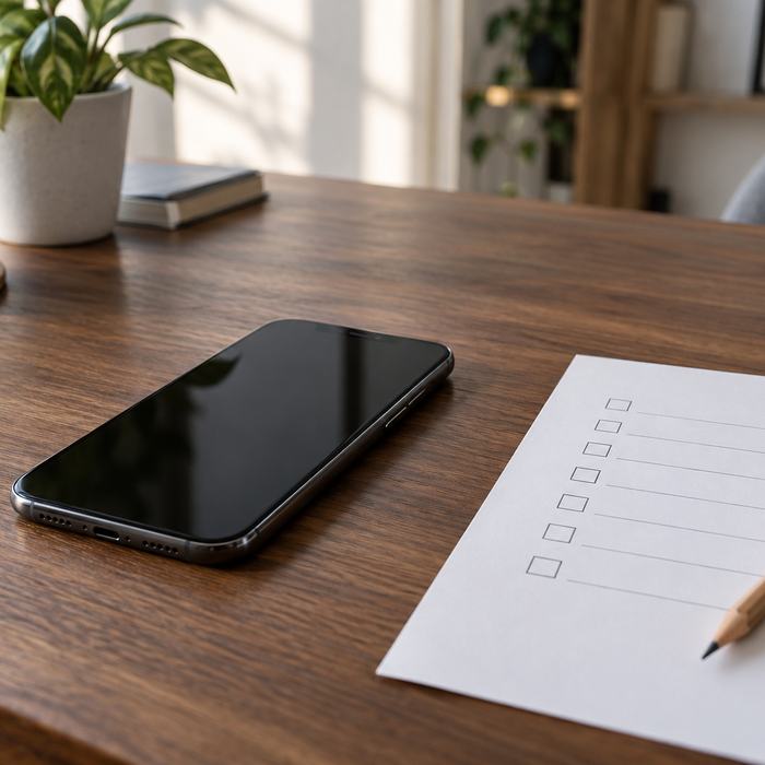 Two unbranded phones with dark screens beside a paper checklist on a wooden desk.