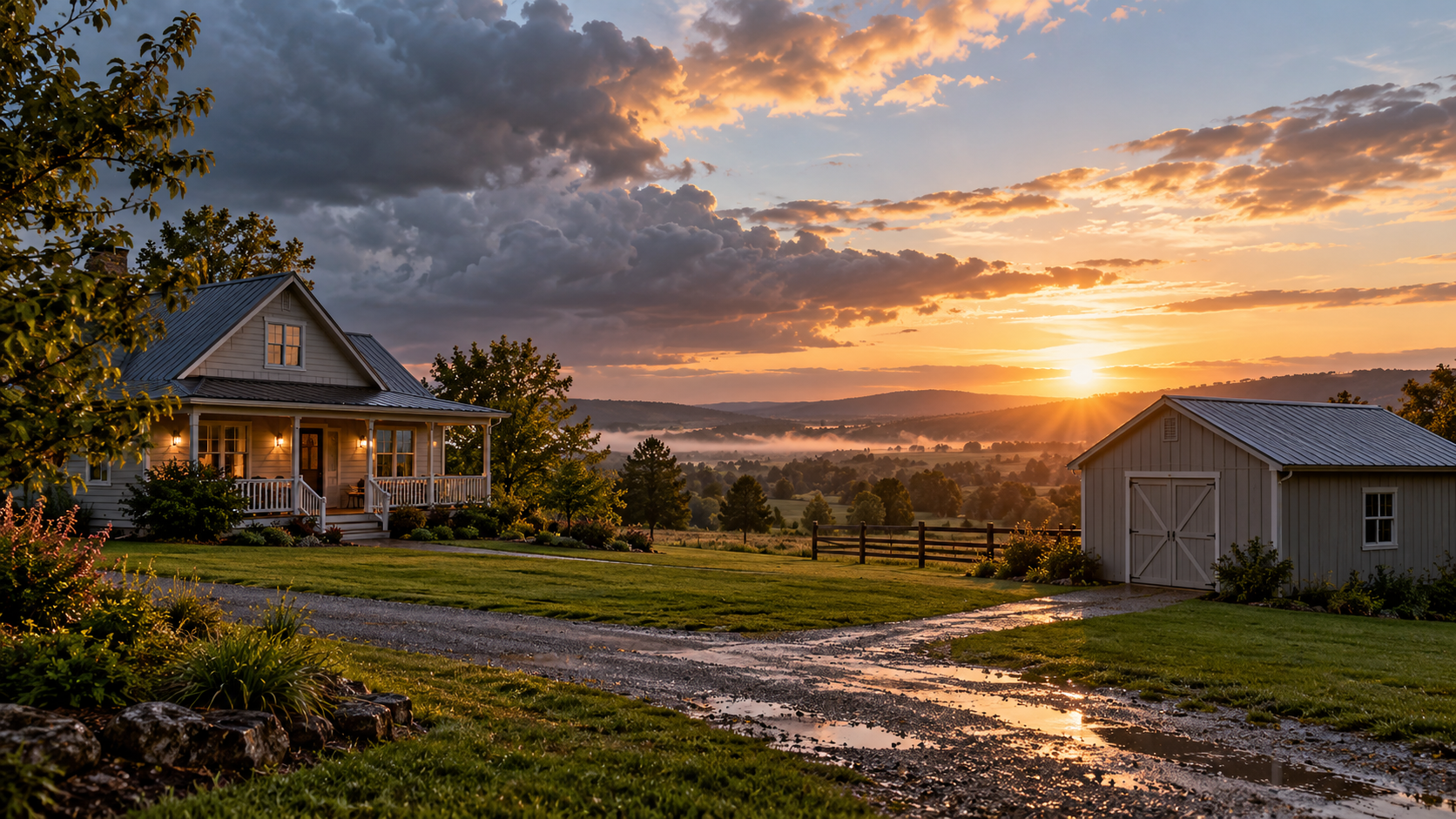 Rural home and detached storage shed after a storm