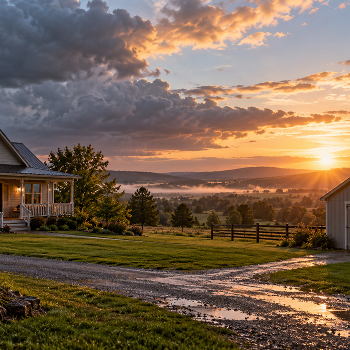 Rural home and detached storage shed after a storm