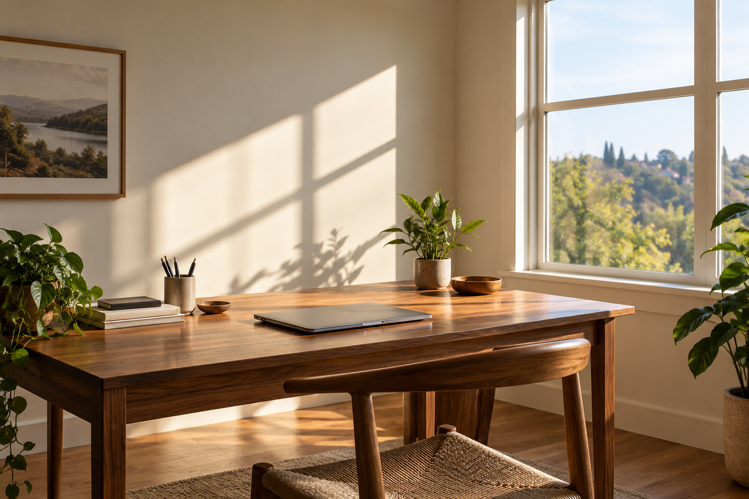 Sunlit home office with an uncovered window and closed laptop; no shielding product shown.