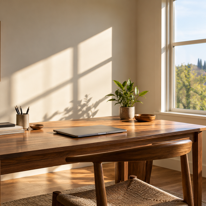 Sunlit home office with an uncovered window and closed laptop; no shielding product shown.