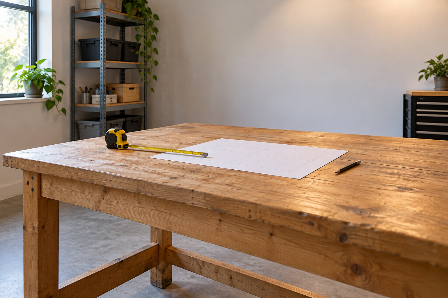 Empty workbench with measuring tape and layout paper for planning equipment space.