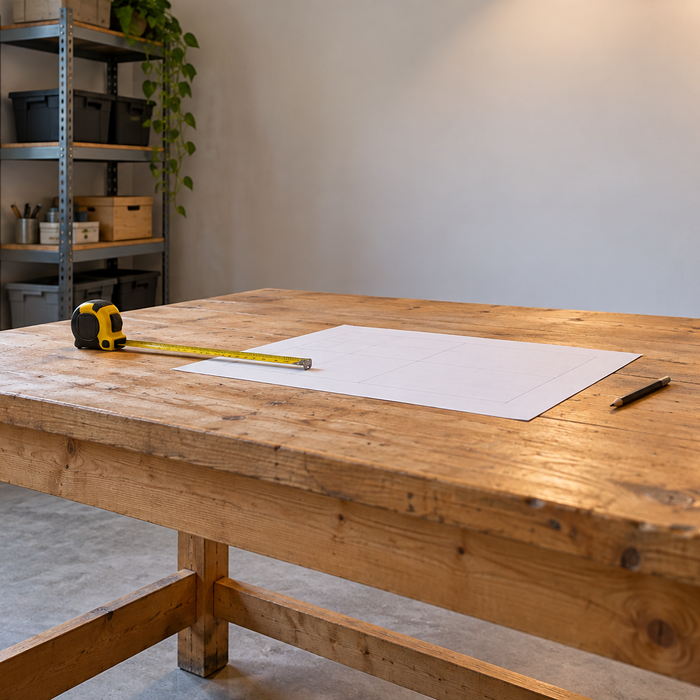 Empty workbench with measuring tape and layout paper for planning equipment space.