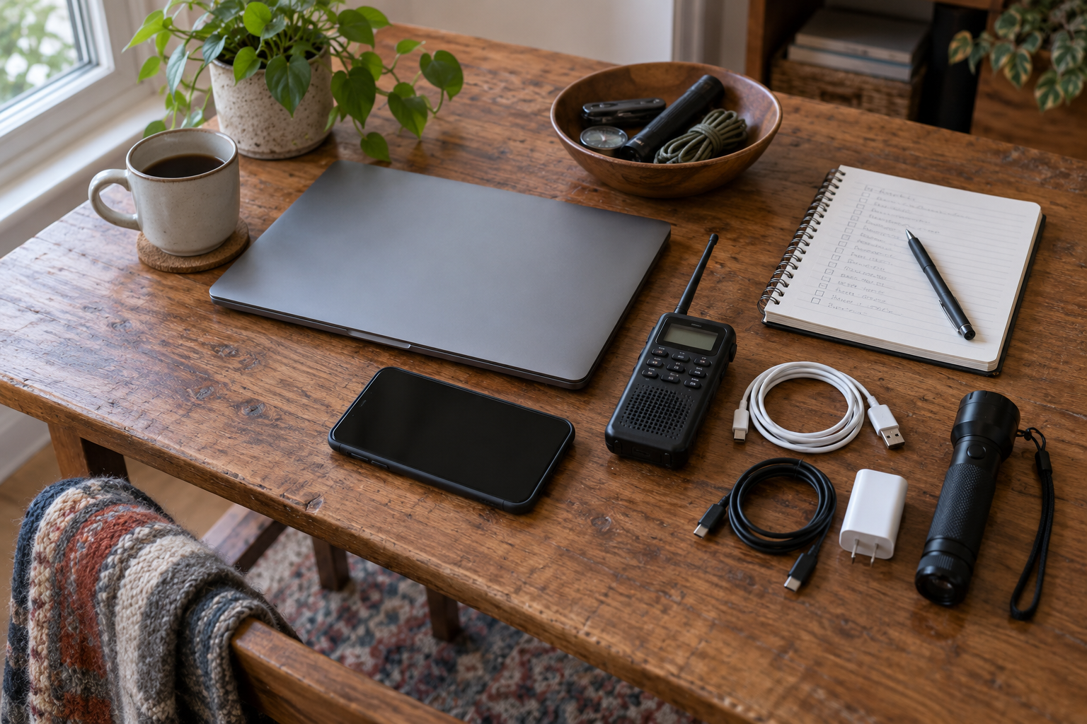 Disconnected laptop, smartphone, handheld radio, and charging cables beside an inventory notebook