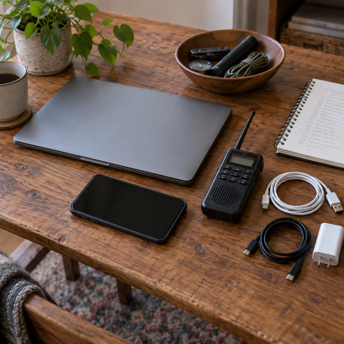 Disconnected laptop, smartphone, handheld radio, and charging cables beside an inventory notebook