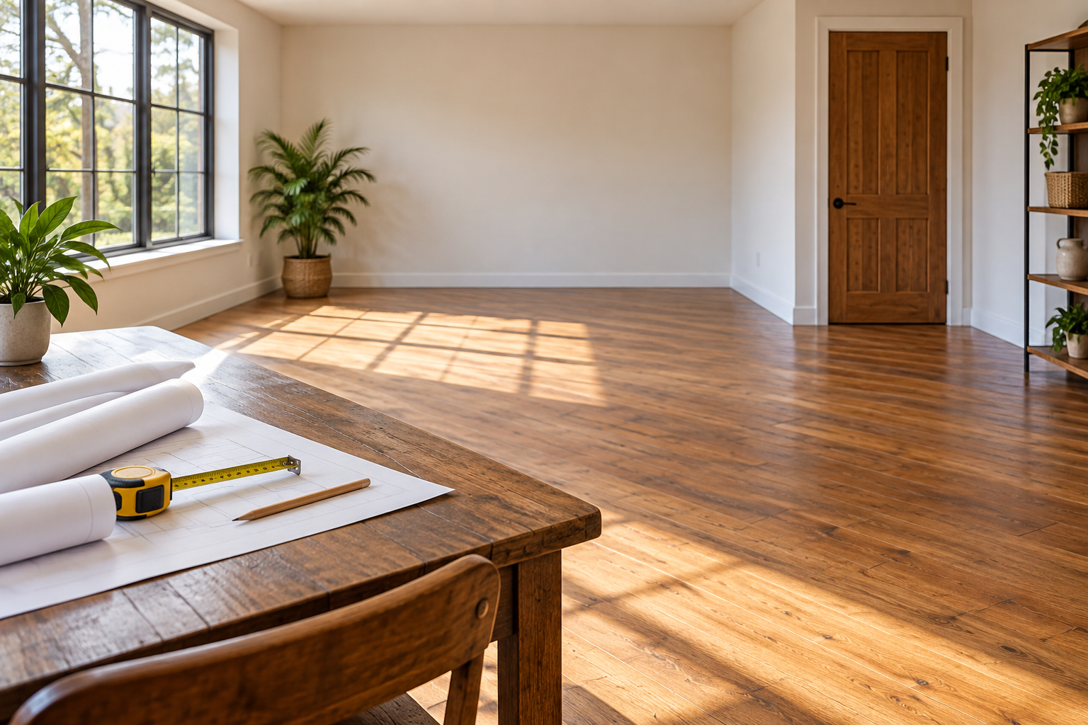 Open indoor planning space with blank rolled plans and a measuring tape; no Faraday tent or electronics shown.