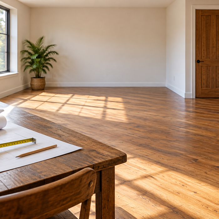Open indoor planning space with blank rolled plans and a measuring tape; no Faraday tent or electronics shown.