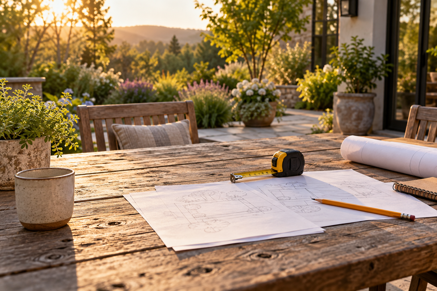 Patio planning table with drawings, a tape measure and pencil in afternoon light.
