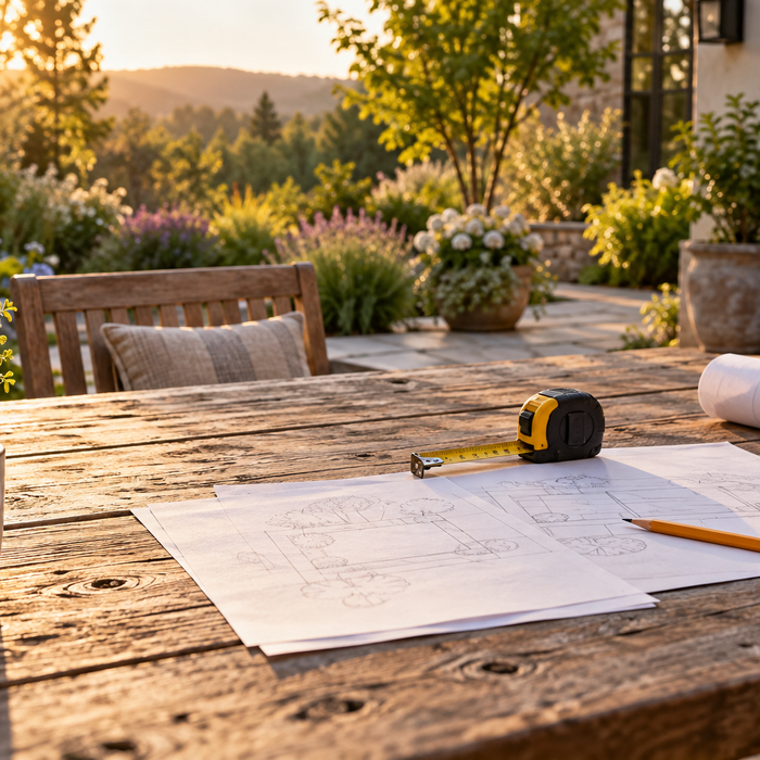 Patio planning table with drawings, a tape measure and pencil in afternoon light.