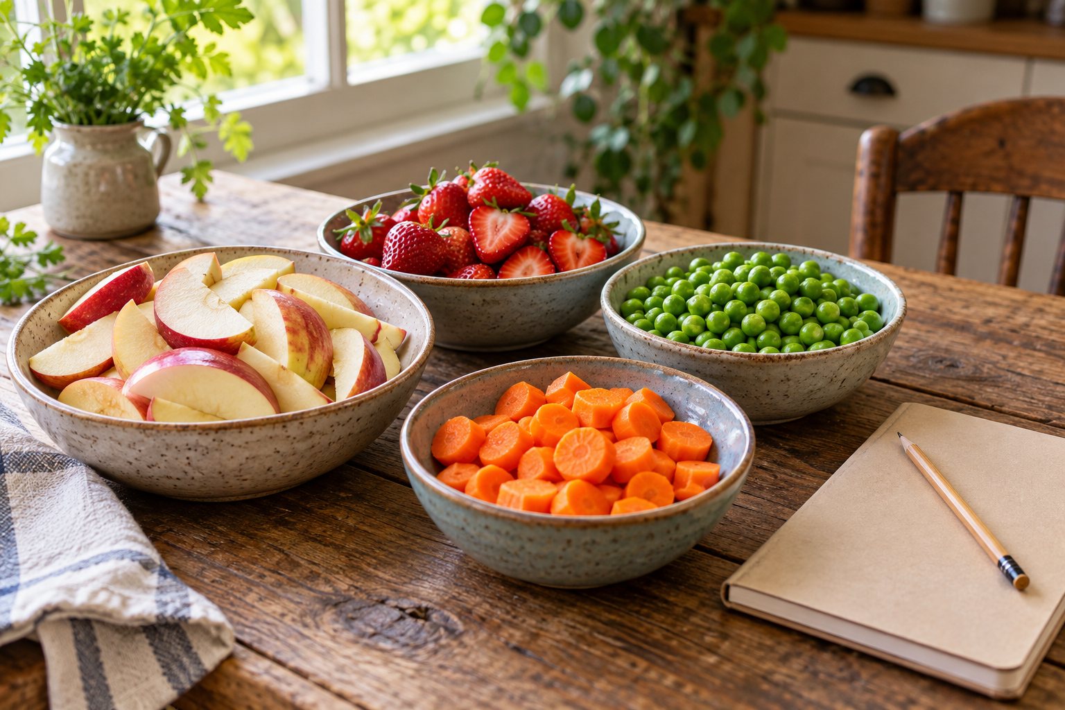 Fresh fruit and vegetables in ceramic bowls beside a plain notebook on a kitchen table; no freeze dryer or preservation appliance pictured.