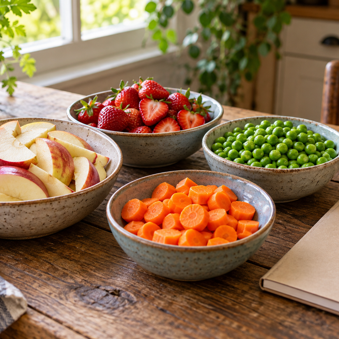 Fresh fruit and vegetables in ceramic bowls beside a plain notebook on a kitchen table; no freeze dryer or preservation appliance pictured.