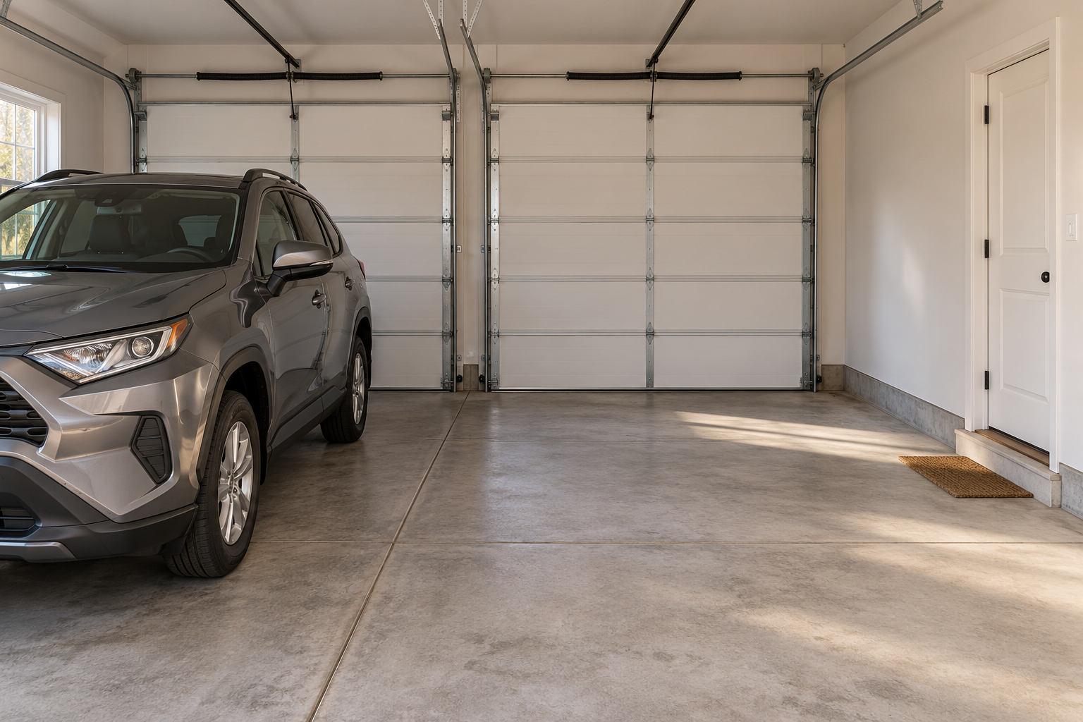 Tidy two-car garage with one parked car, an empty bay, and a clear path to the house entry