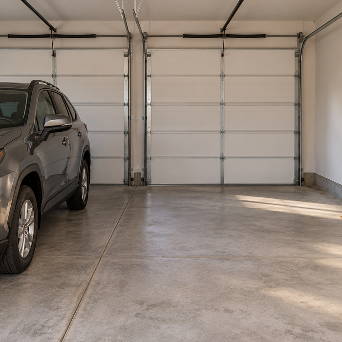 Tidy two-car garage with one parked car, an empty bay, and a clear path to the house entry