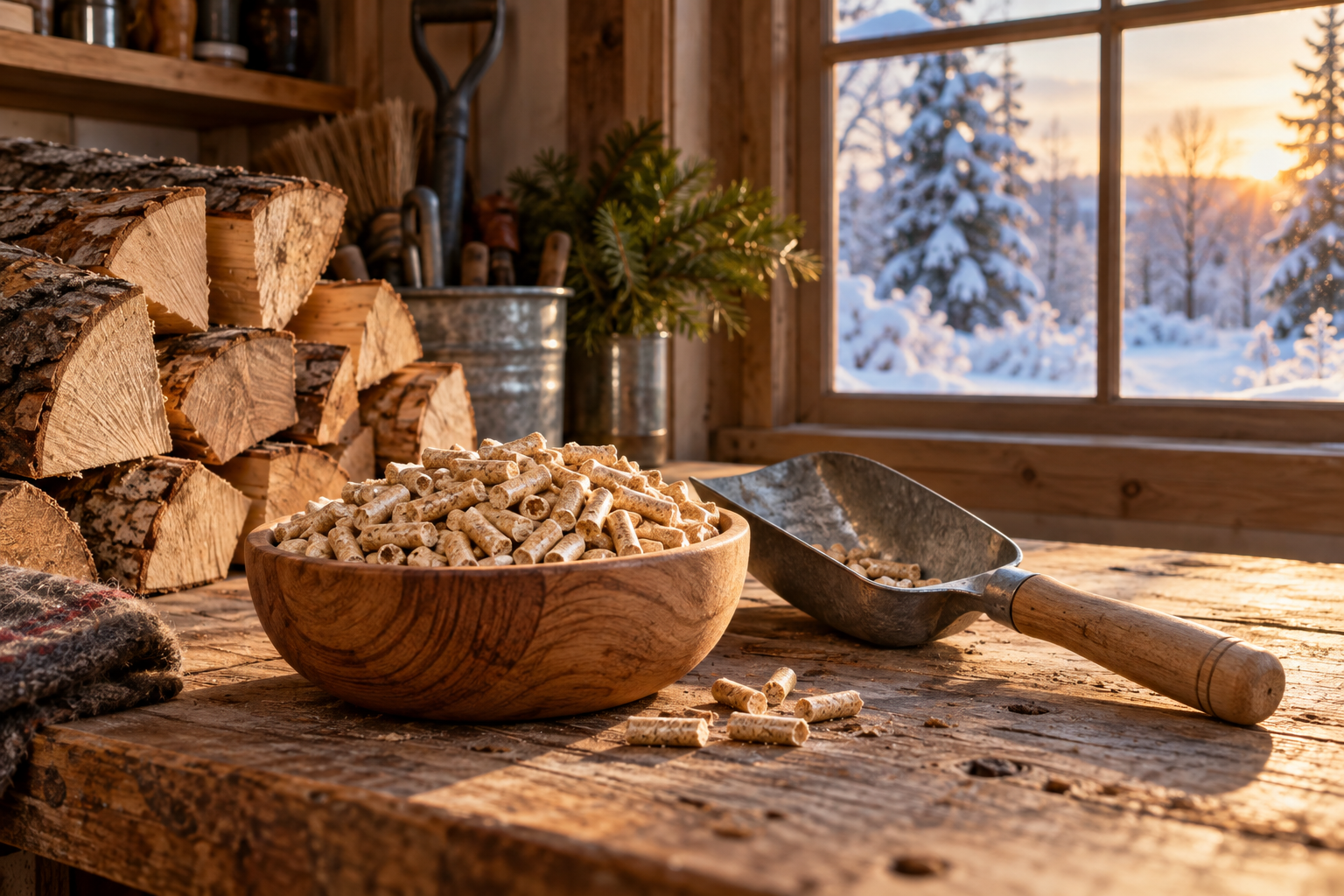Wood pellets and split firewood beside a scoop in a winter utility-room scene; no stove shown.