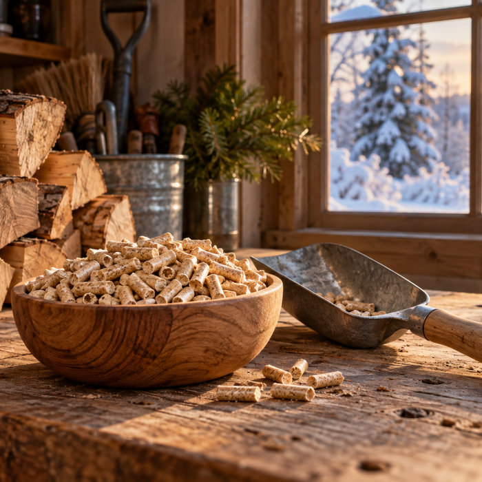 Wood pellets and split firewood beside a scoop in a winter utility-room scene; no stove shown.
