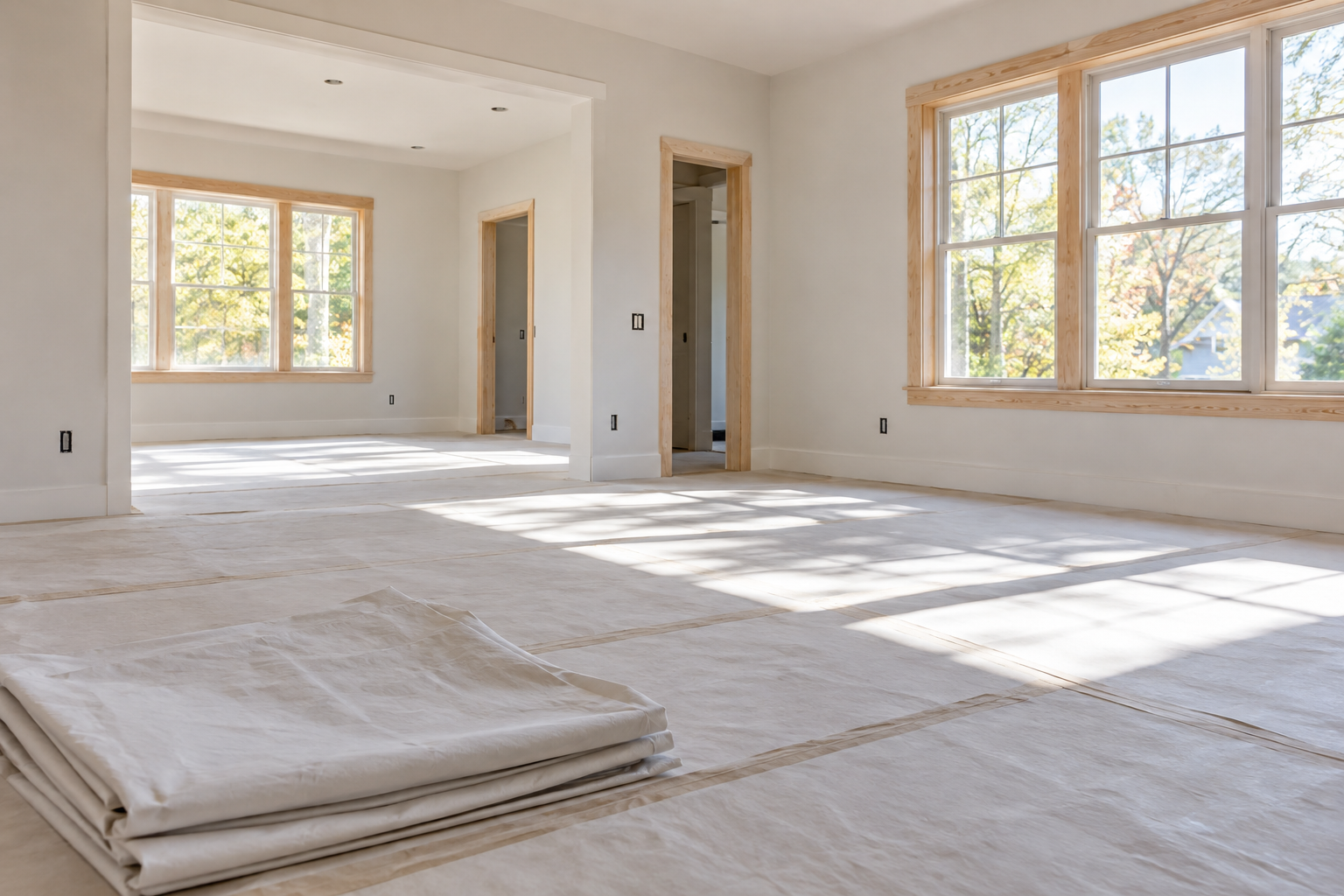 Bright renovation room with protective floor covering and unfinished window trim.
