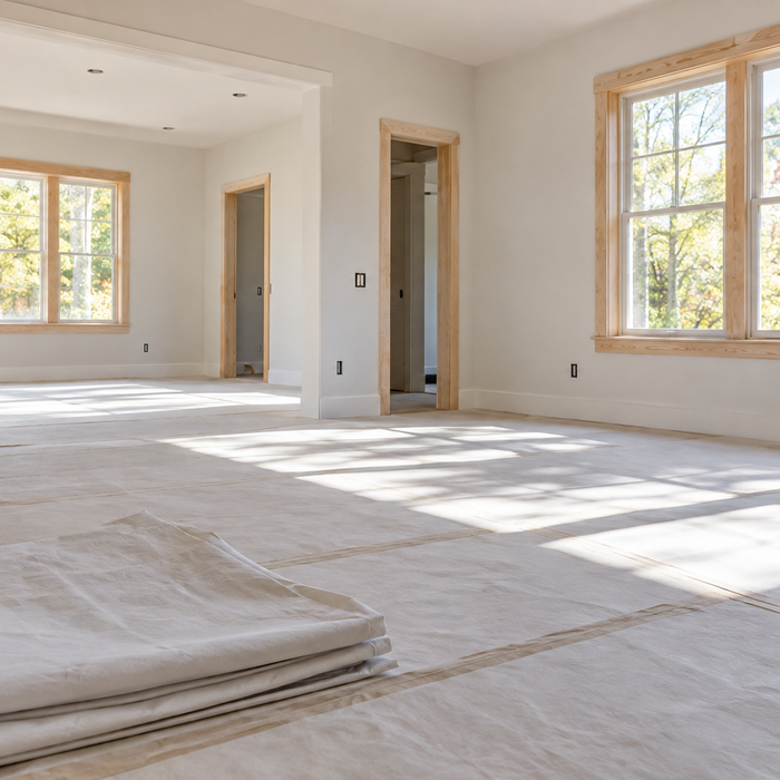 Bright renovation room with protective floor covering and unfinished window trim.