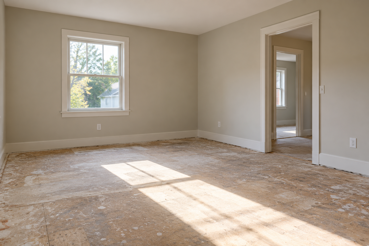 Empty room awaiting renovation with a window and doorway visible; no filtration equipment shown.