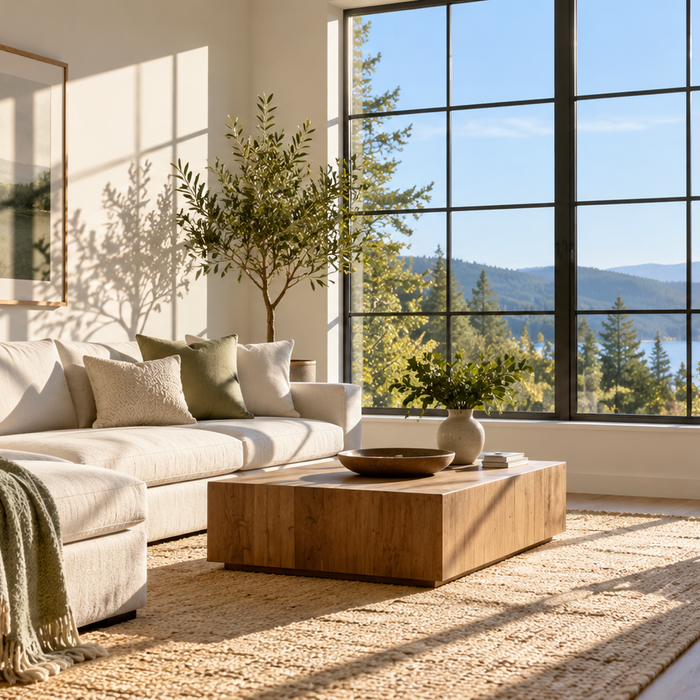 Bright residential interior with natural sunlight through large windows