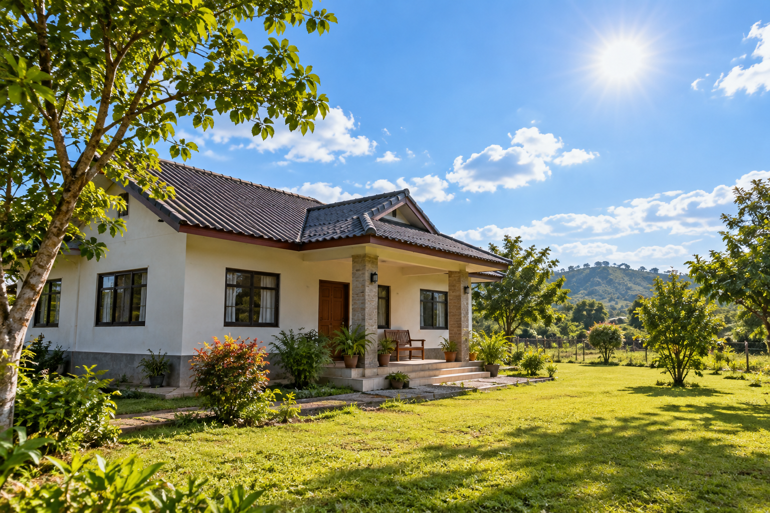 Sunlit rural home and open yard before a home solar installation is planned.
