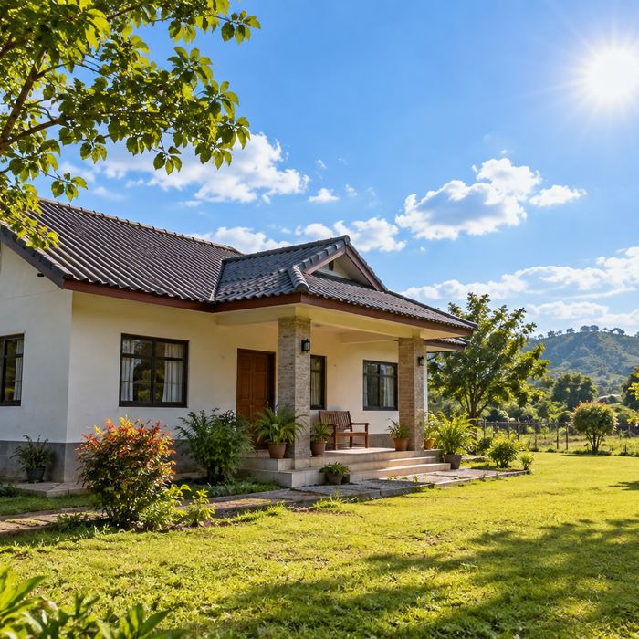 Sunlit rural home and open yard before a home solar installation is planned.