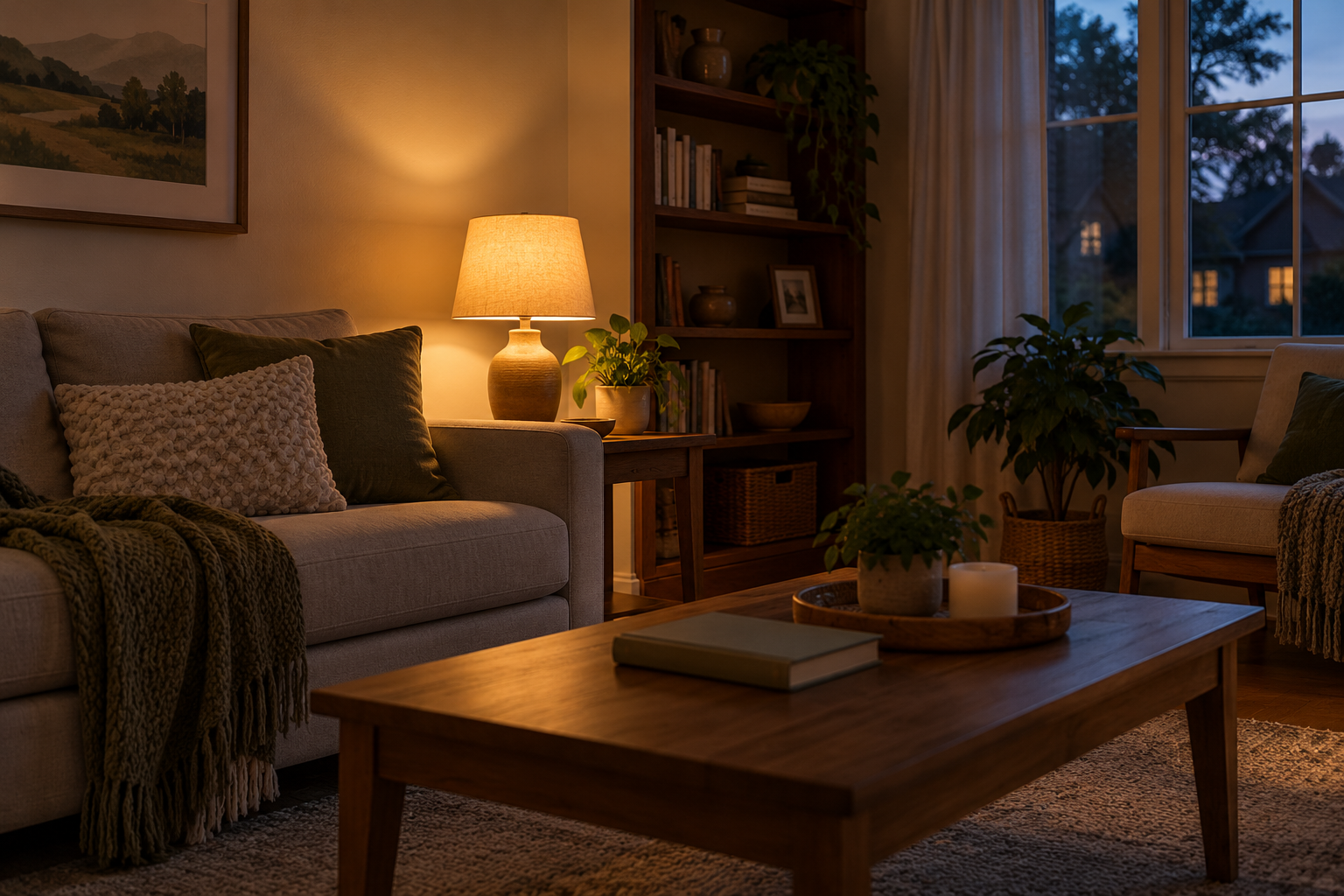 Warmly lit living room at dusk, illustrating essential household lighting without showing a battery.