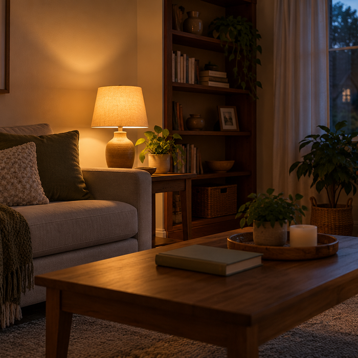 Warmly lit living room at dusk, illustrating essential household lighting without showing a battery.
