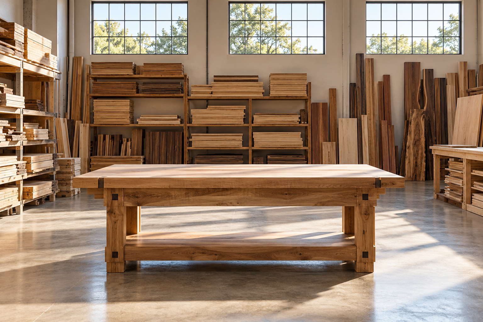 Orderly woodworking workspace with stacked hardwood boards and a clear workbench; no filtration equipment shown.