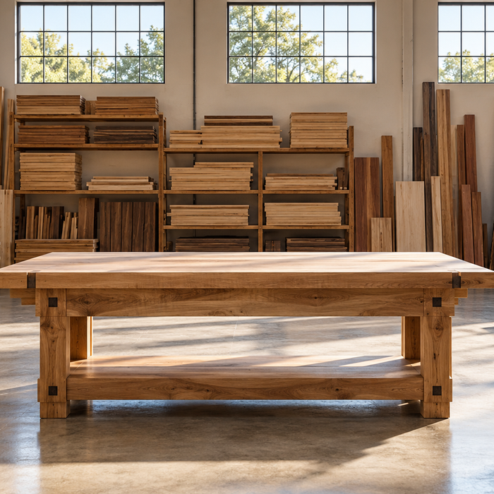 Orderly woodworking workspace with stacked hardwood boards and a clear workbench; no filtration equipment shown.