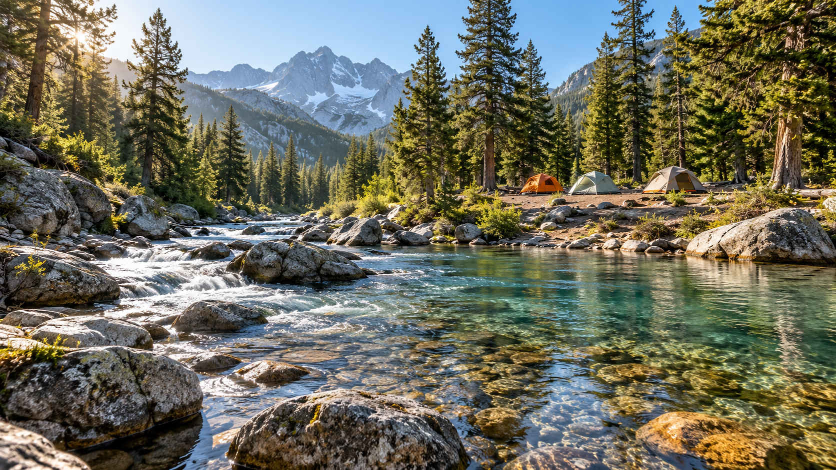 Mountain stream beside a wilderness group campsite