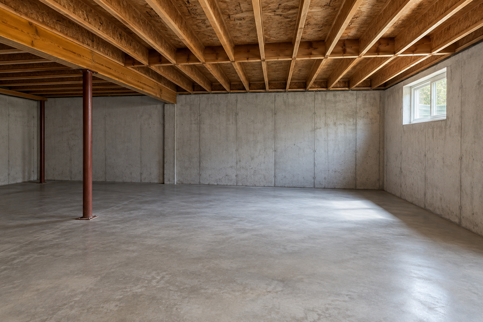 Clean empty basement room with concrete floor and timber ceiling joists; no dehumidifier or drying equipment pictured.