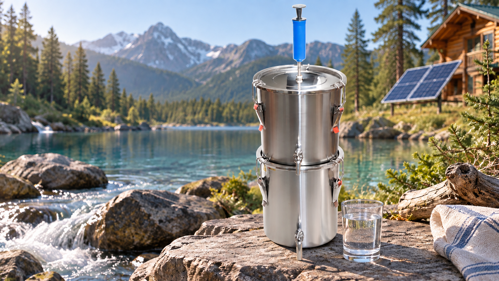 Front-facing Gravi-Stil off-grid water distiller beside a mountain lake and solar homestead