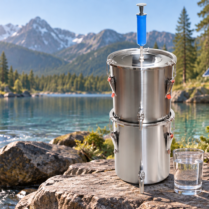 Front-facing Gravi-Stil off-grid water distiller beside a mountain lake and solar homestead