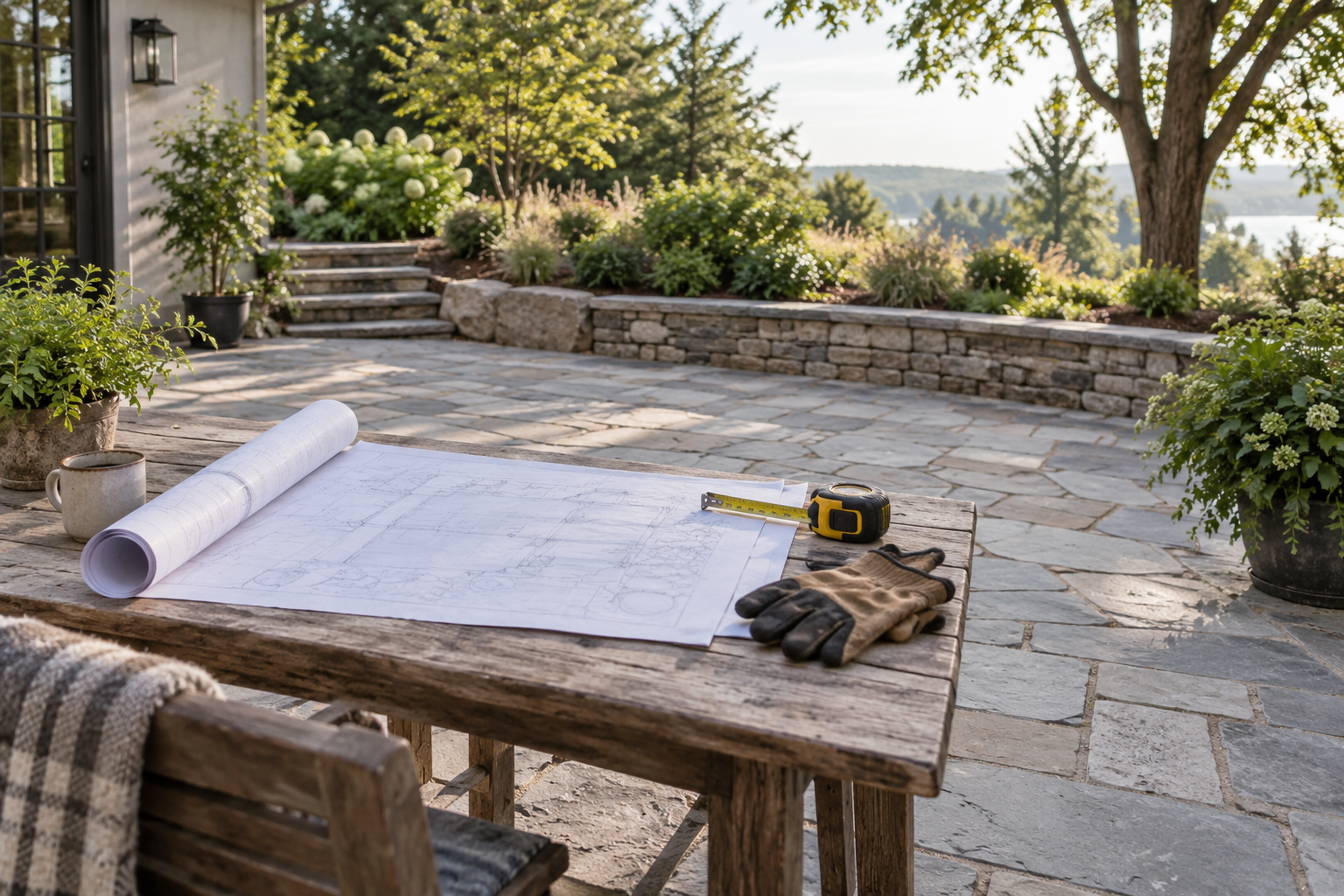 Site plans, tape measure, and work gloves on a table overlooking an empty garden patio
