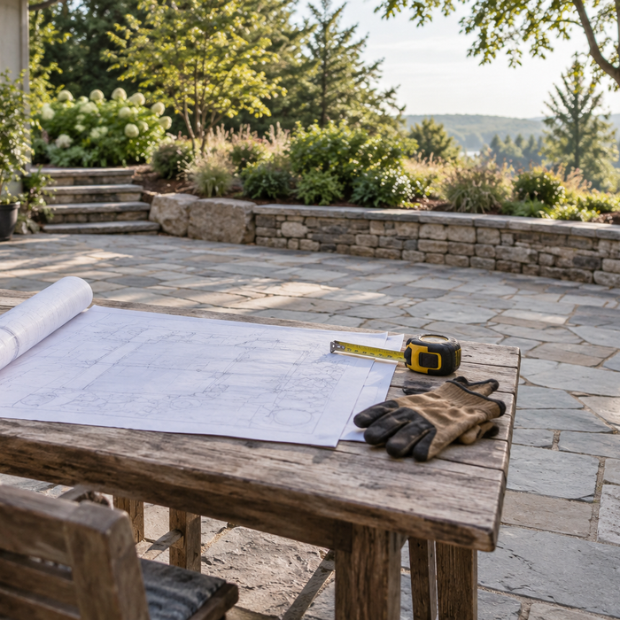 Site plans, tape measure, and work gloves on a table overlooking an empty garden patio