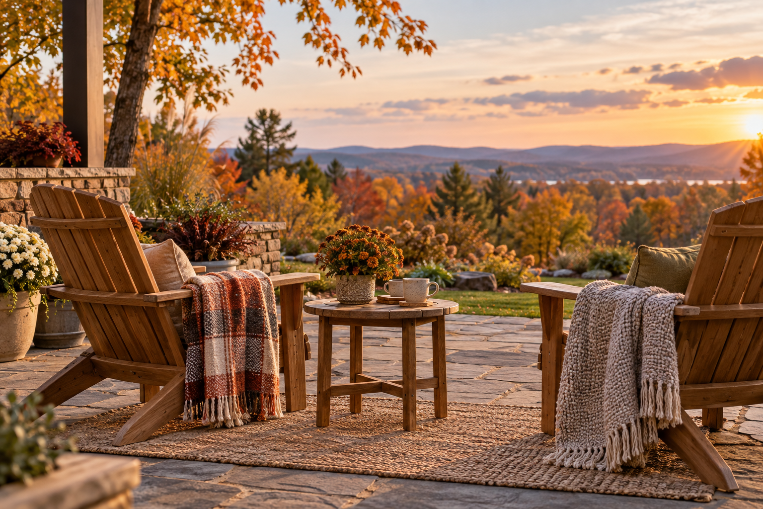Open-air autumn patio with wooden chairs and folded blankets; no fireplace or heating equipment shown.