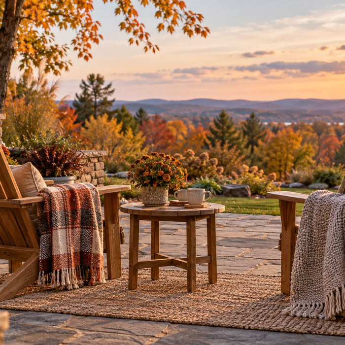 Open-air autumn patio with wooden chairs and folded blankets; no fireplace or heating equipment shown.