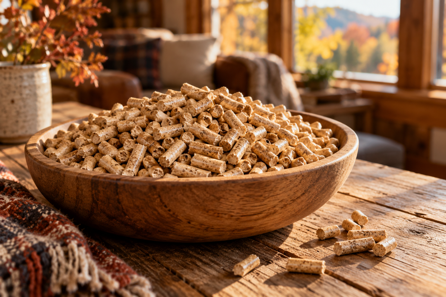 Dry wood fuel pellets in a plain bowl on a cabin table, without depicting a stove or suggesting a tested efficiency rating.