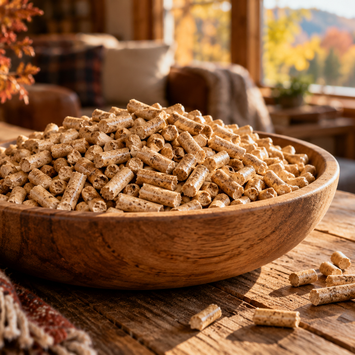 Dry wood fuel pellets in a plain bowl on a cabin table, without depicting a stove or suggesting a tested efficiency rating.